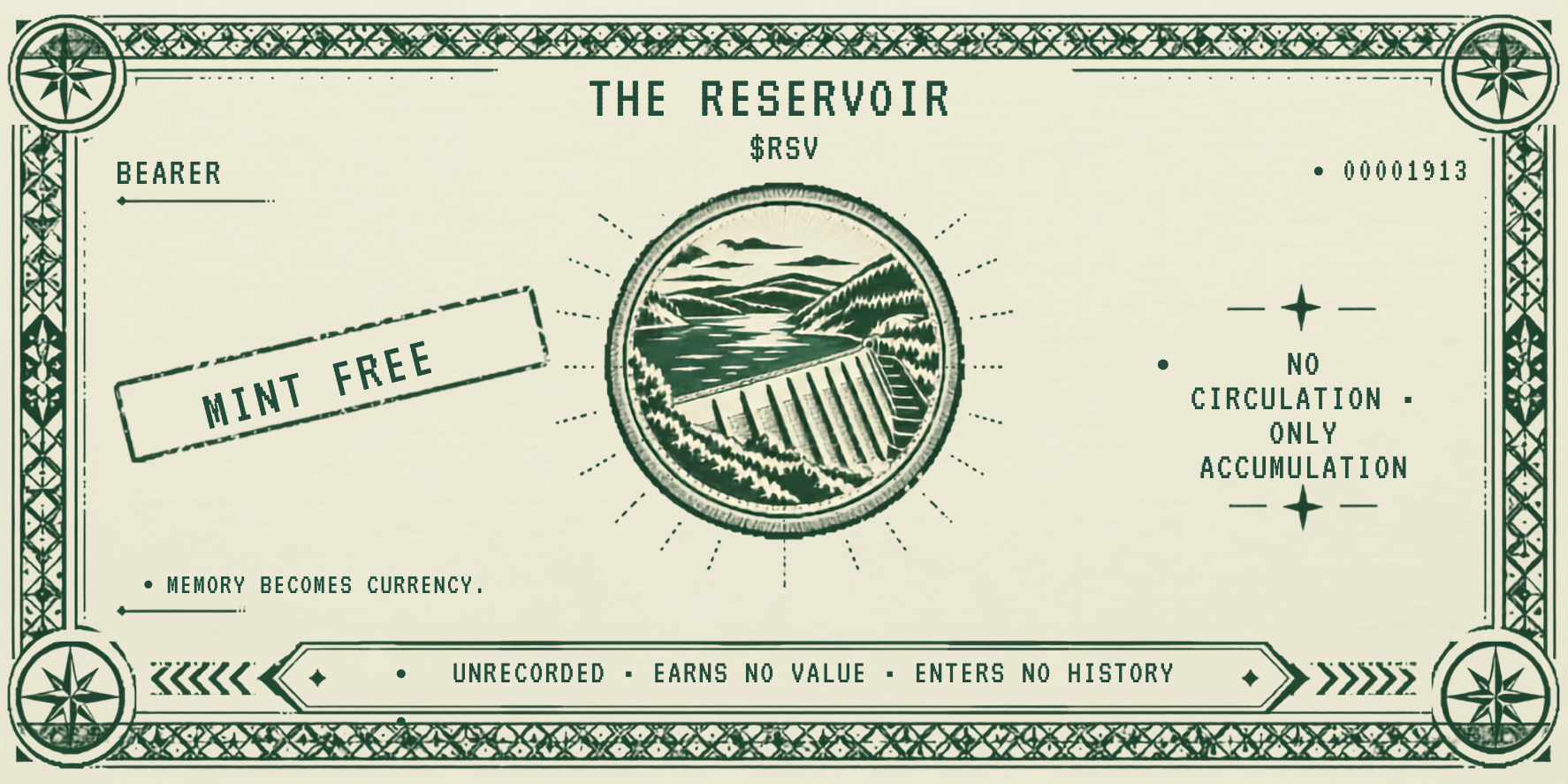 The Reservoir bearer note — $RSV, MINT FREE, dam and reservoir illustration